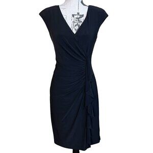 Lauren Ralph Lauren Dress Black Faux Wrap Ruched Size 6 Cap Sleeve Pullover